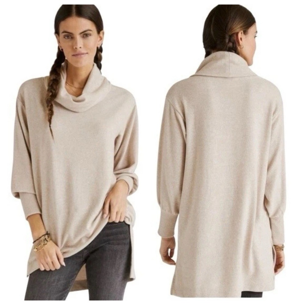 Anthropologie Maeve Cowl Neck Tunic Sweater Top Light Sand Oversized Size XS/XSP